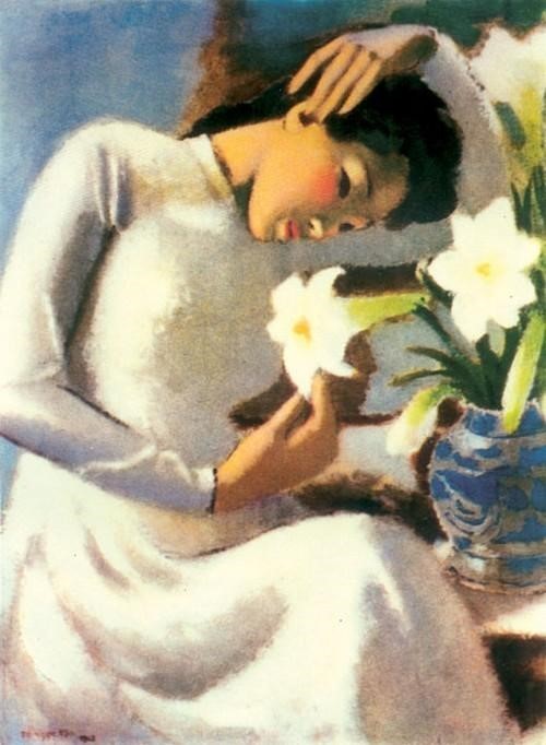 tranh son dau oil painting Thieu nu ben hoa hue To Ngoc Van