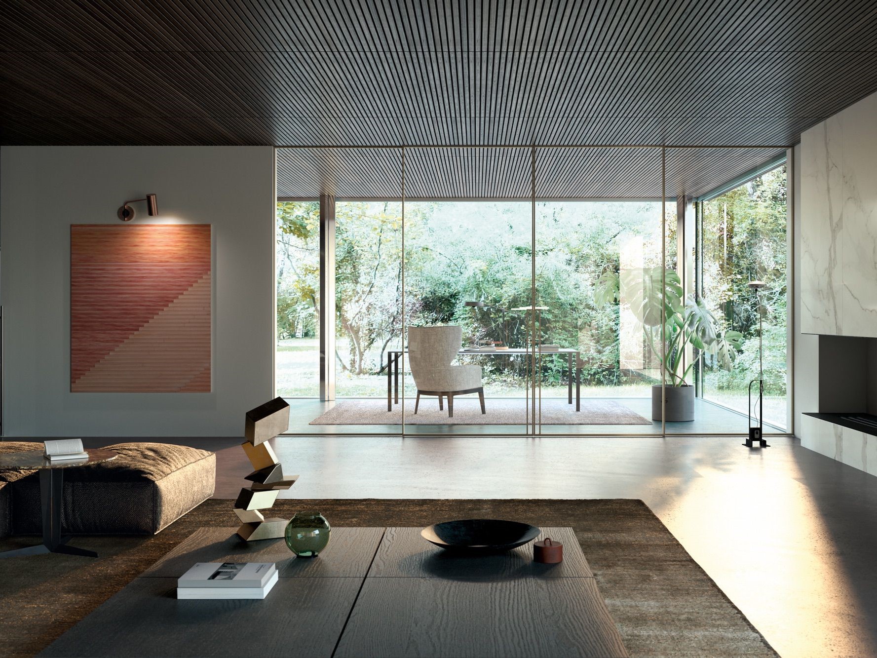 vach kinh thiet ke noi that phong khach san vuon