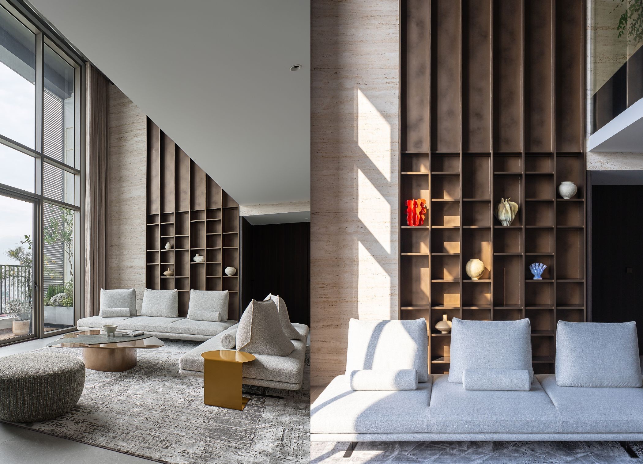 khai son duo penthouse idee architects phong khach thong tang ke sach